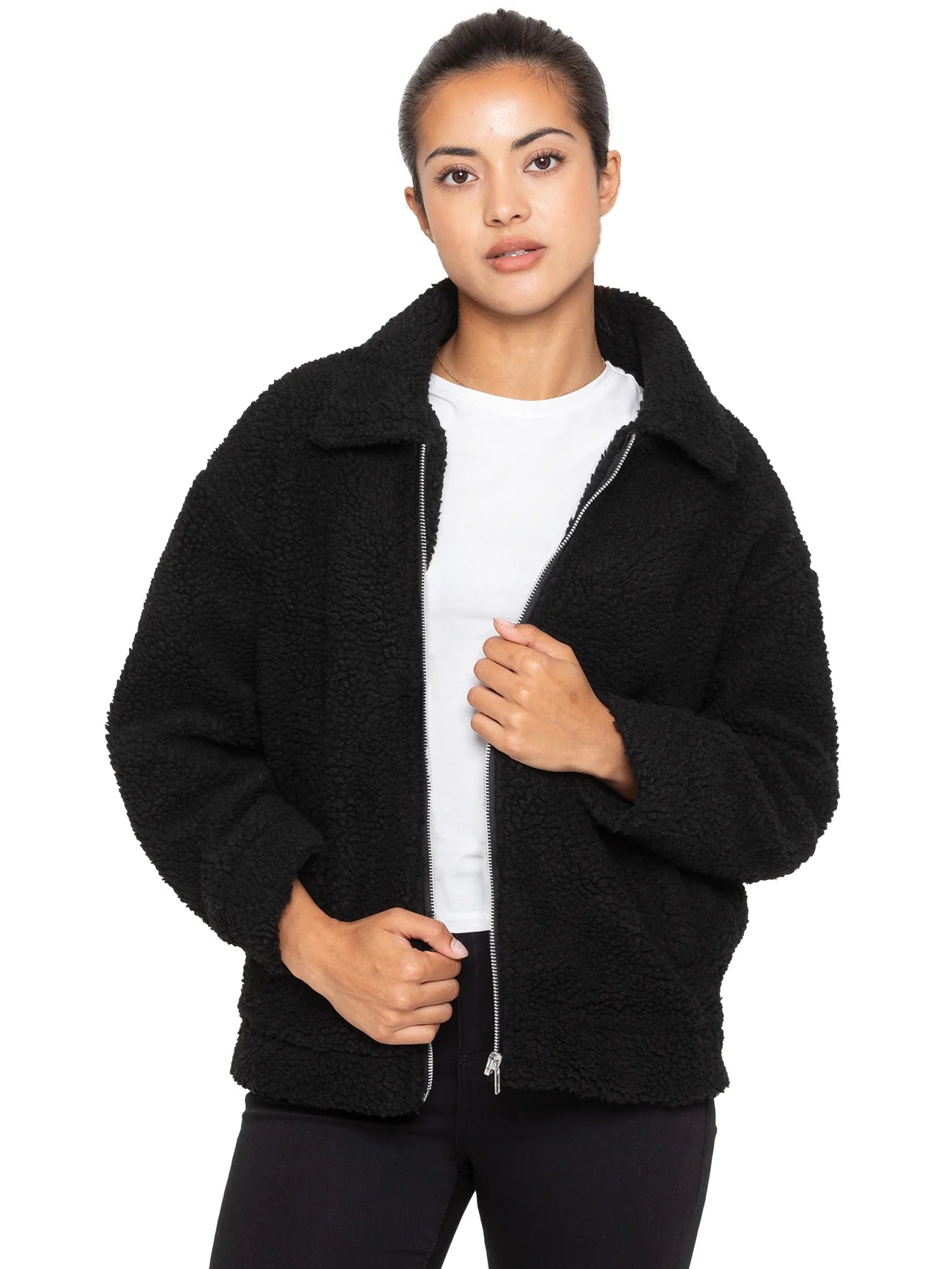 Teddy Faux Fur Bomber Jacket In Black