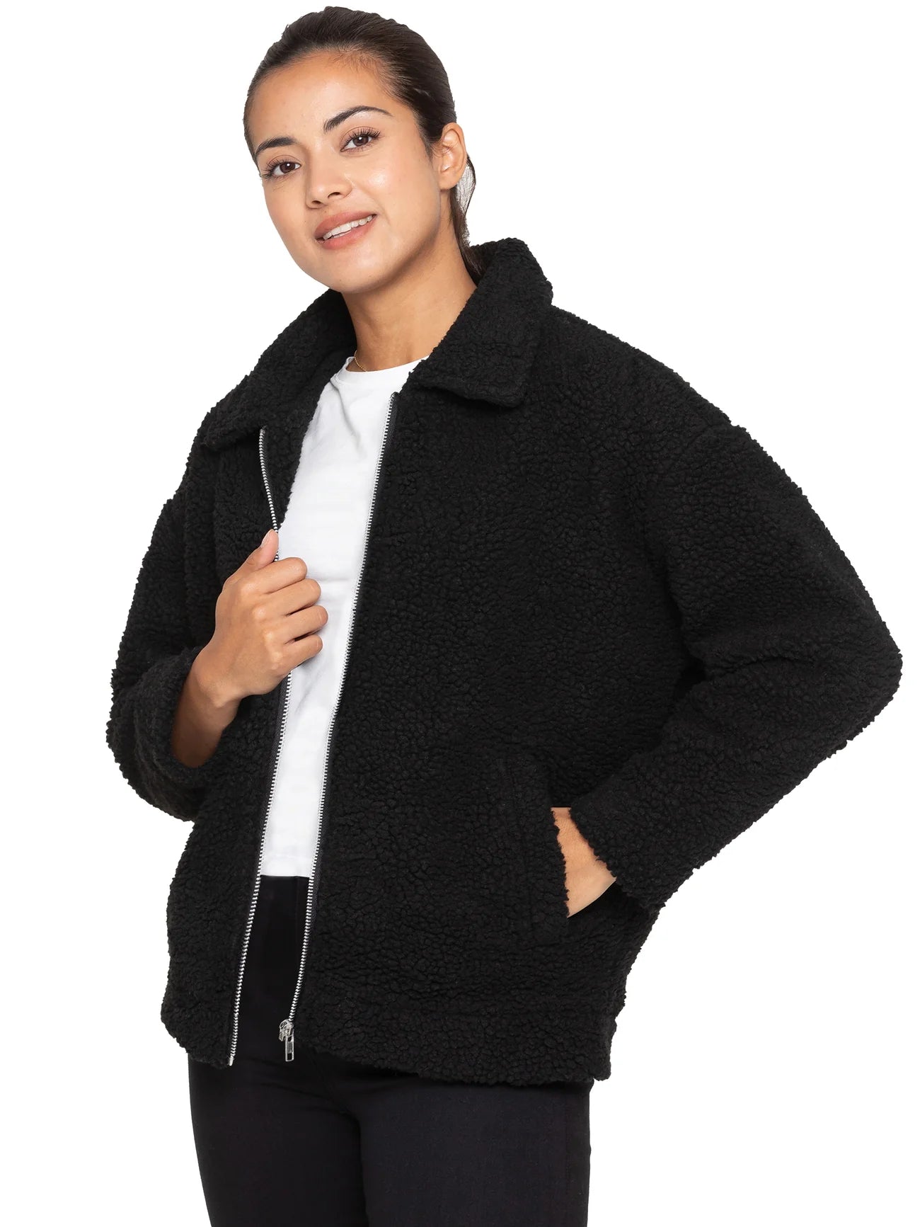 Teddy Faux Fur Bomber Jacket In Black