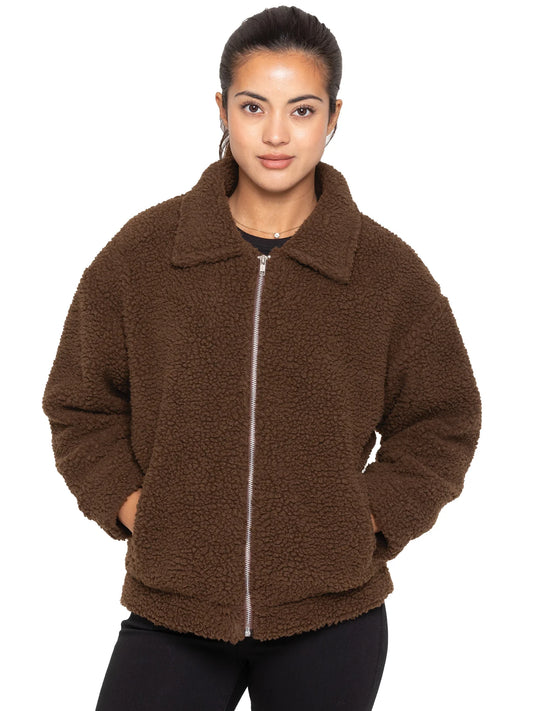 Teddy Faux Fur Bomber Jacket In Chocolate Brown