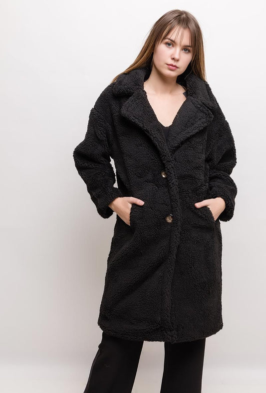 Teddy Faux Fur Oversized Coat - Black