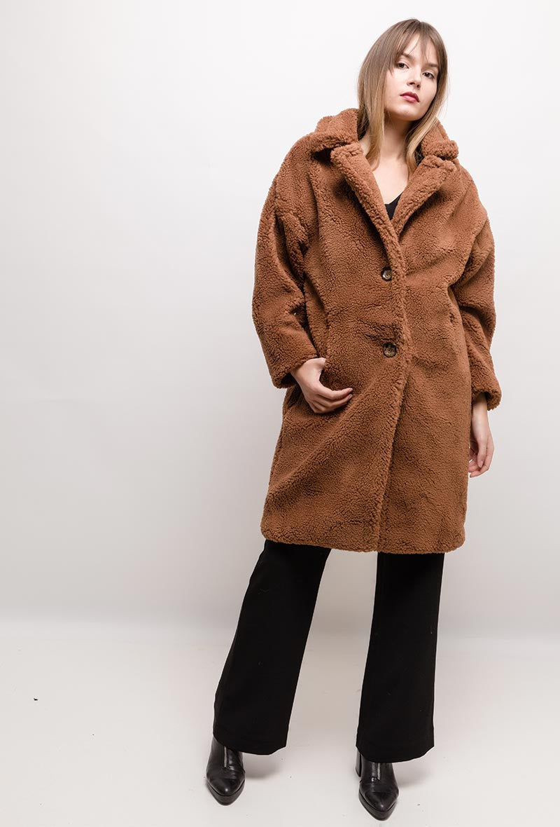 Teddy Faux Fur Oversized Coat - Chocolate Brown