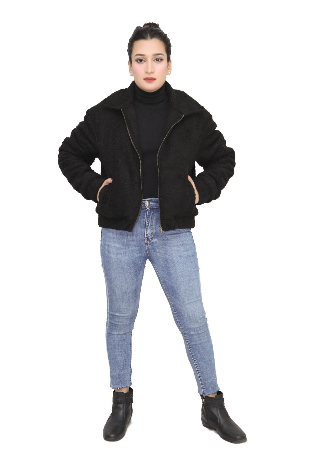 Teddy Faux Fur Bomber Jacket In Black