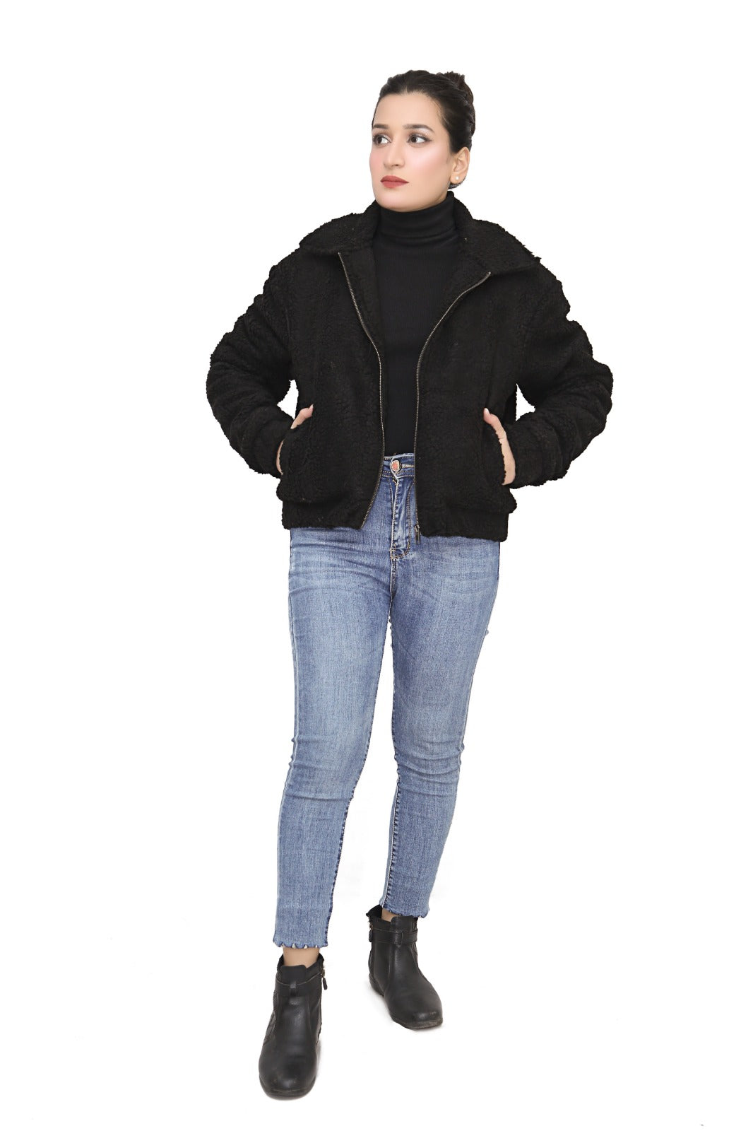 Teddy Faux Fur Bomber Jacket In Black