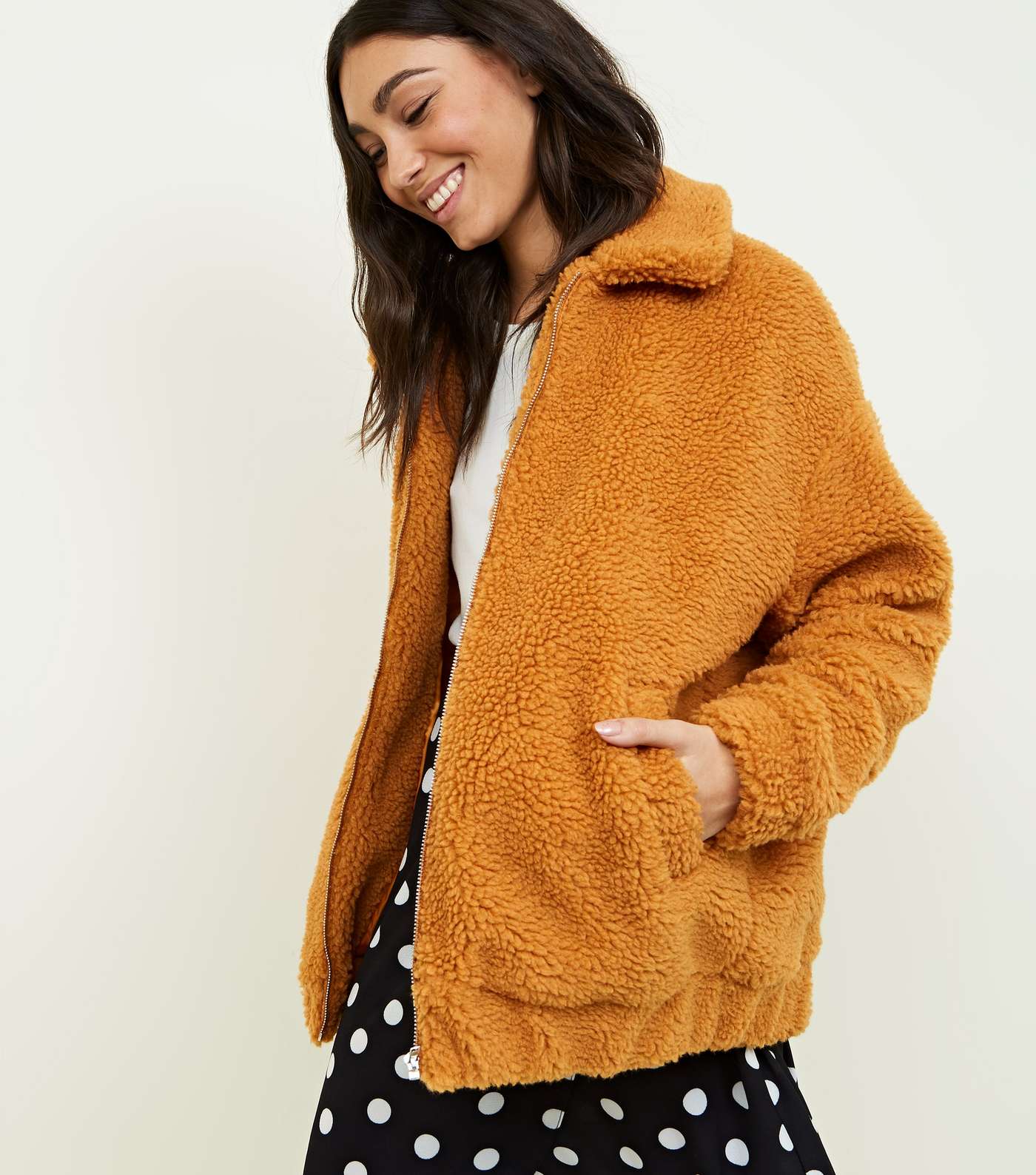 Teddy Faux Fur Bomber Jacket In Camel